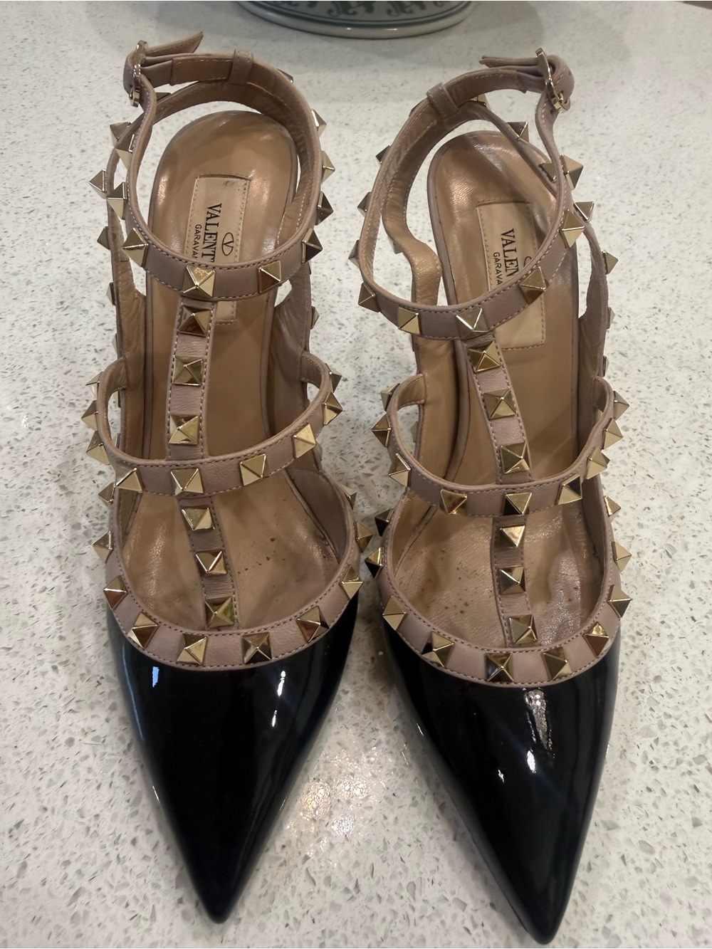 Valentino Two-Tone Rockstud Pointed T-Strap Heels in Black and Nude